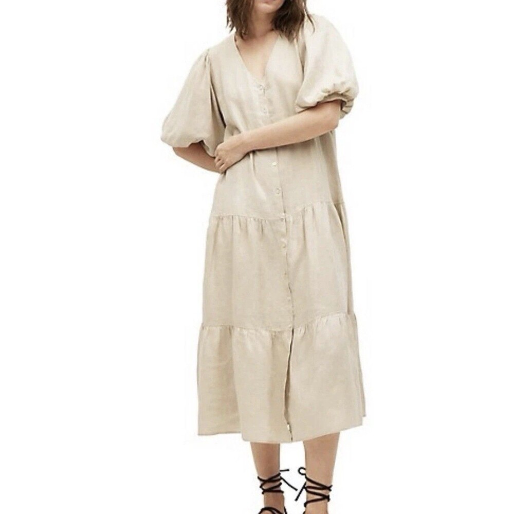 Mango Women's Puff Sleeve 100%  Linen Beige Midi Button Down Dress Sz XS Boho